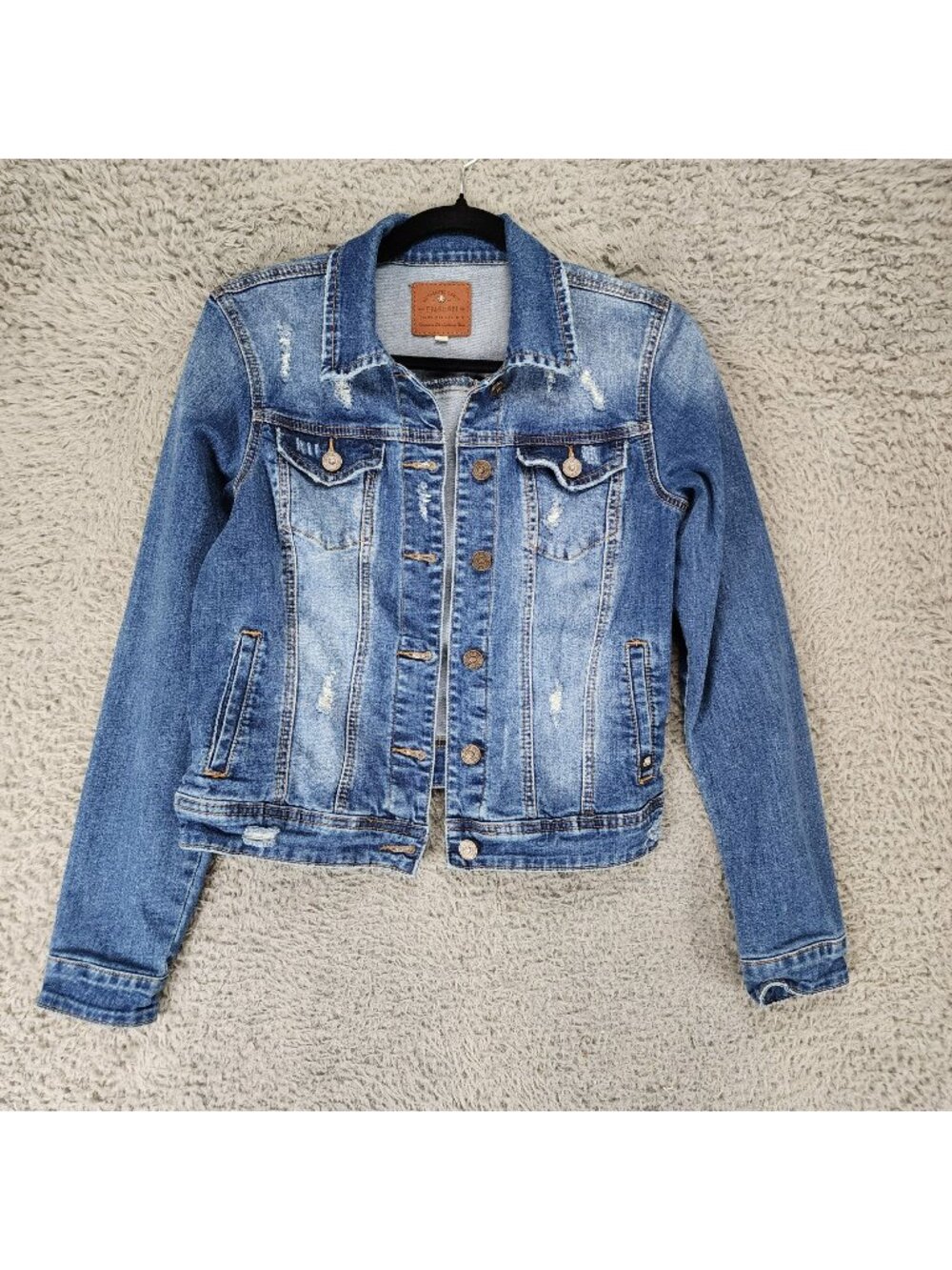 Enjean Jacket Womens Small Denim Trucker Faded Blue Stretch Distressed